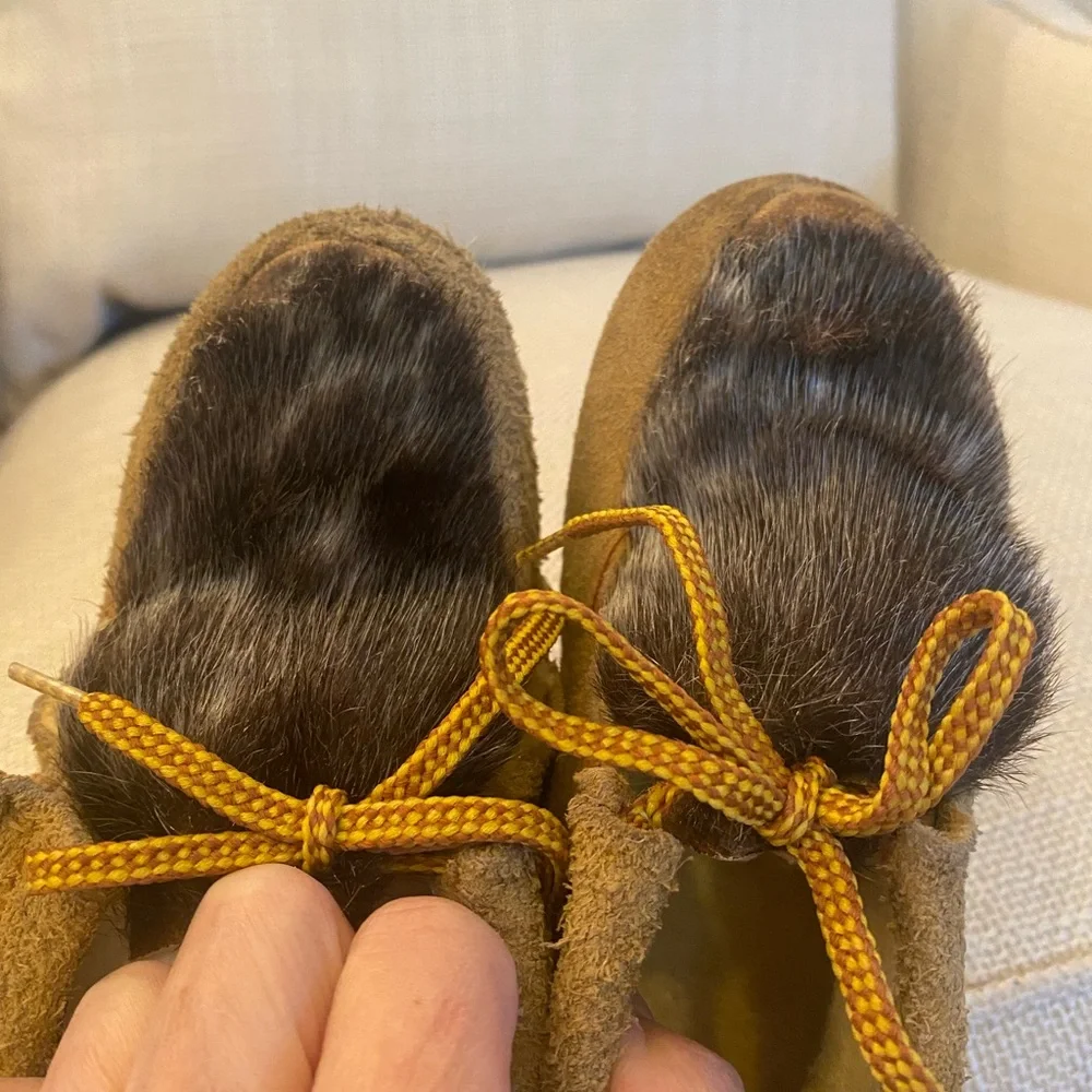 Handmade Kids Fur ans Suede Mocossins / Tan and Brown /Tie/ Custom /Size 12